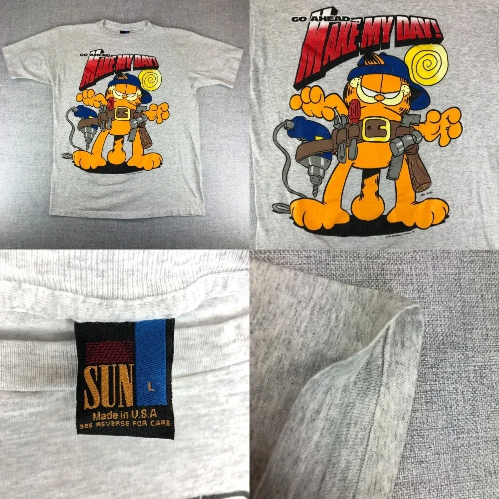 Vintage Garfield T-Shirt Mens Large Go Ahead Make My Day Single Stitch Gray‎